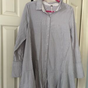 FREE PEOPLE Gray and White Striped Button Down Shirt